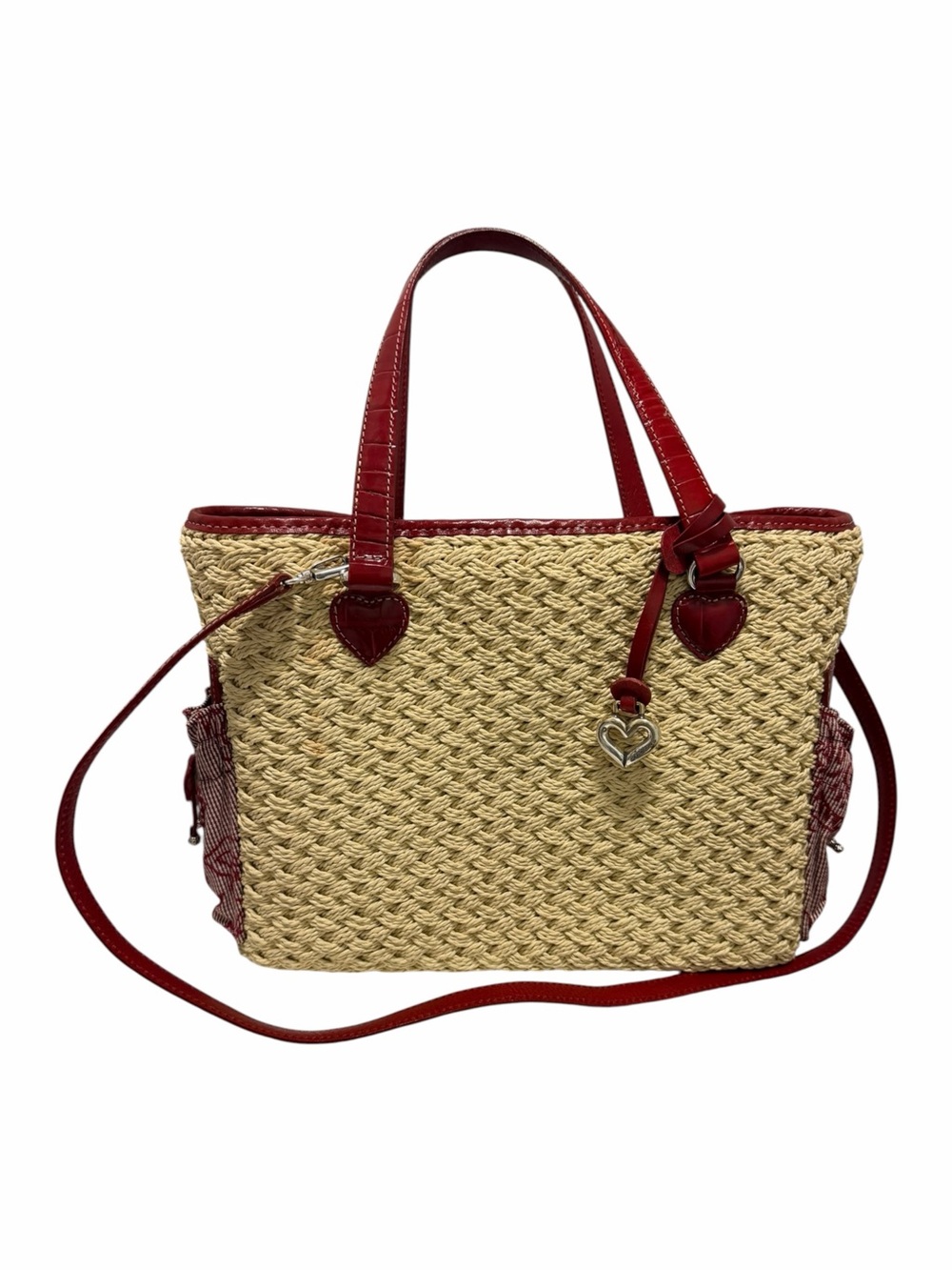 Brighton Tan/Red Braided Straw/Leather Satchel Handbag